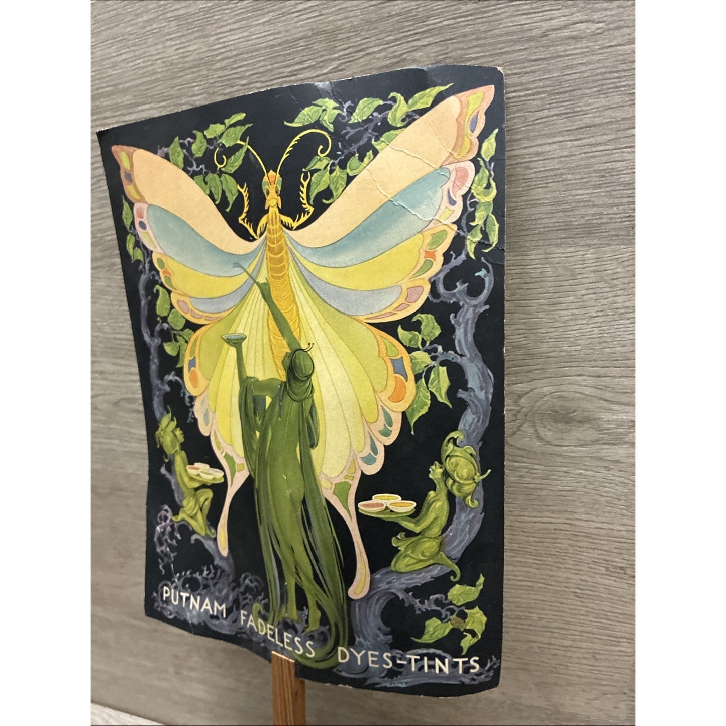 Rare Vintage Putnam Dyes Advertising Fan Art Nouveau Garden Fairies