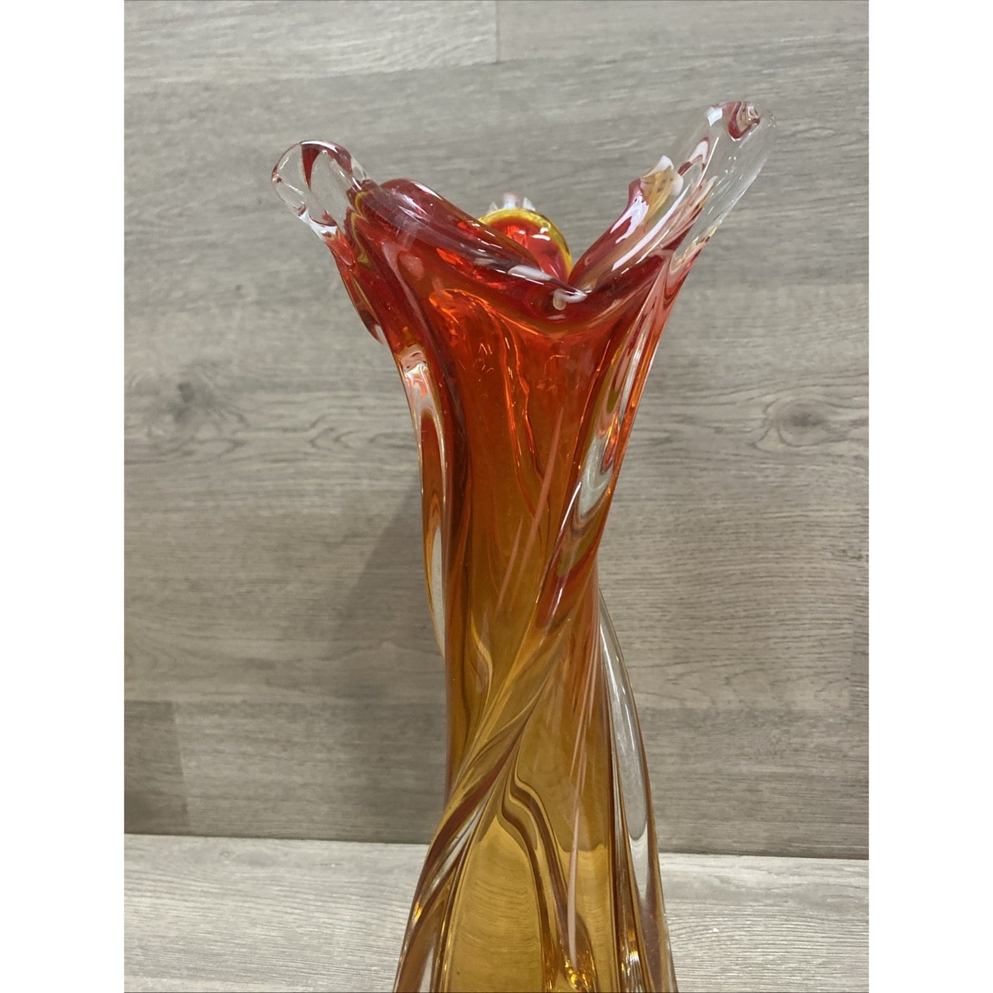 MCM Art Glass Swung Amber Red Swirl Free Form Vase 12.25”