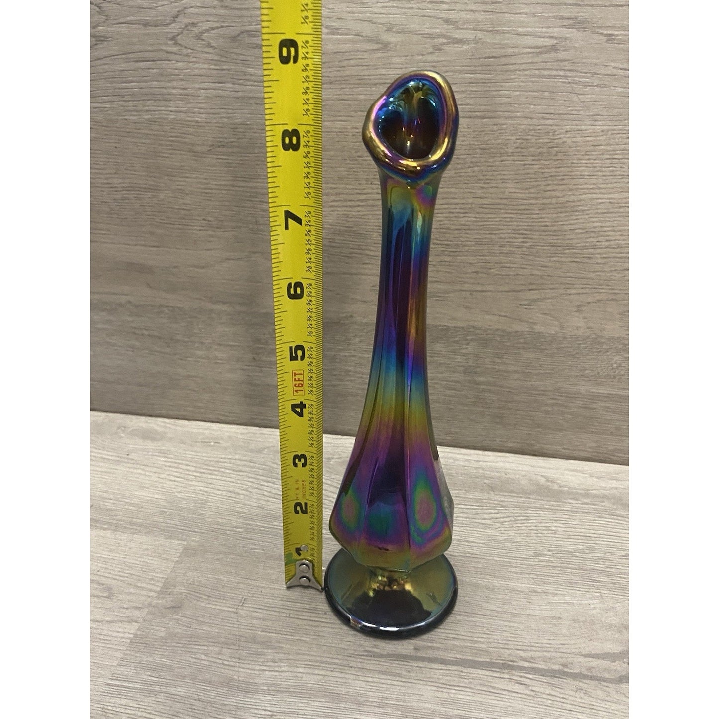 Vintage Fenton Iridescent Purple Bud Vase 8.75” Tall Embossed Logo