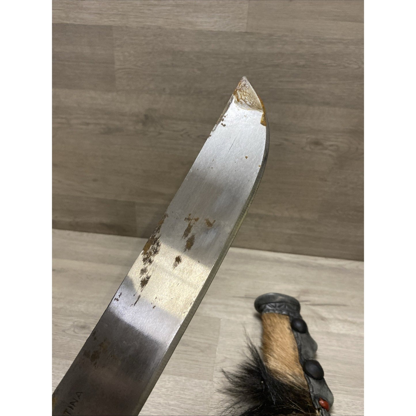 TRAMONTINA KNIFE W/ SHEATH BRASIL TRIBAL HUNTING HORN HAND-MADE CARVED 17”
