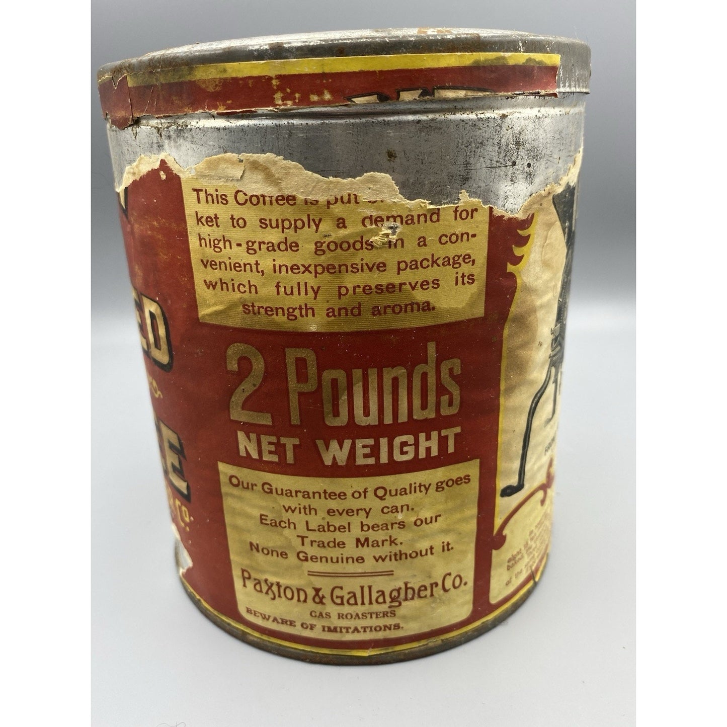 VINTAGE ROUND PAXTON GAS ROASTED COFFEE TIN OMAHA NE. PAPER LABEL GRAPHICS
