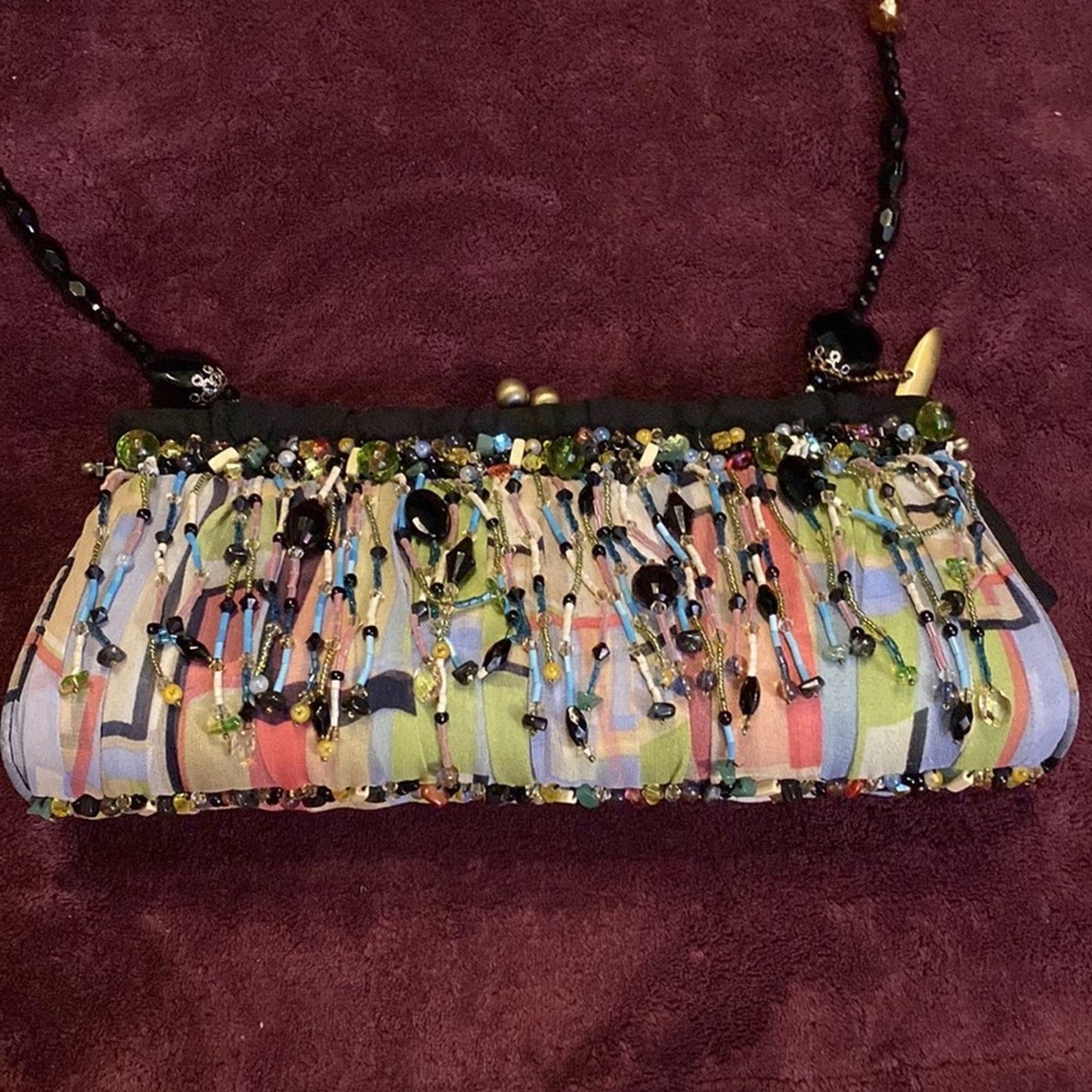 Mary Frances Multicolored Beaded Hard Case Purse with Jet Beaded Shoulder Strap