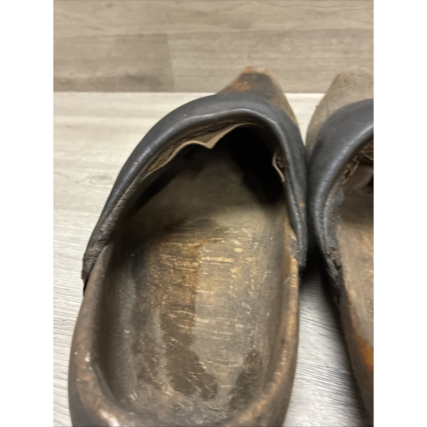 Antique Dutch Or German Wooden Clogs Shoes with Leather & Straw