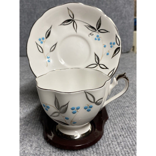 Queen Anne Teacup and Saucer with Hand-Enameled Blue Flowers