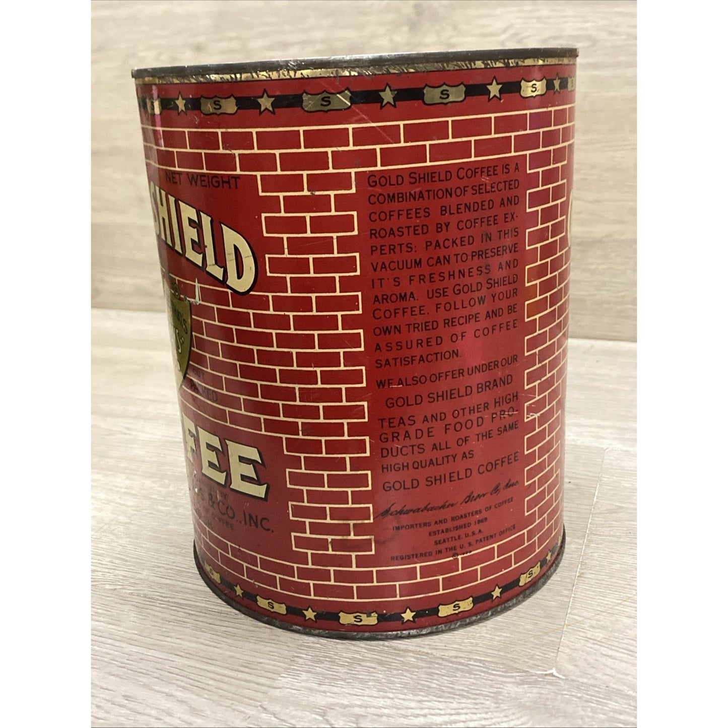 SEATTLE 1928 GOLD SHIELD COFFEE LARGE 5 POUND TIN Advertising