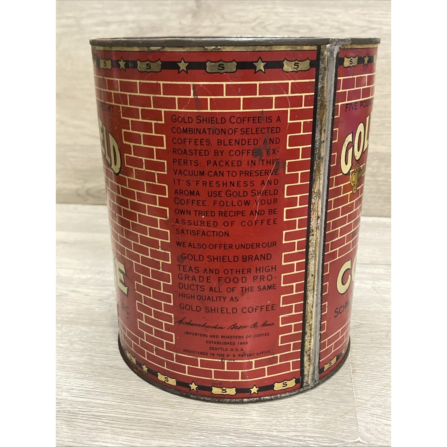 SEATTLE 1928 GOLD SHIELD COFFEE LARGE 5 POUND TIN Advertising