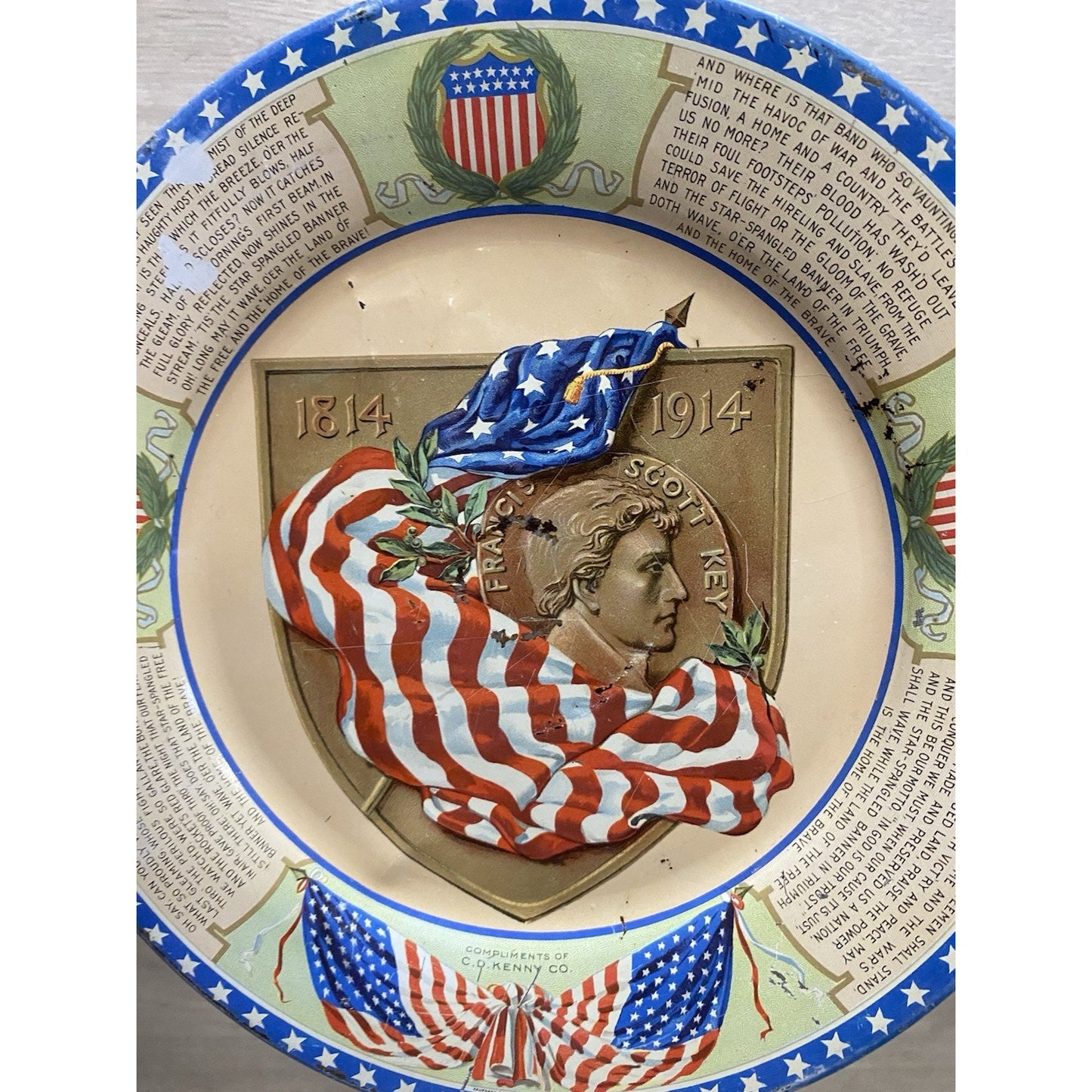 Antique Francis Scott Key Flag CD Kenny Coffee Tea Advertising Tin Litho Plate