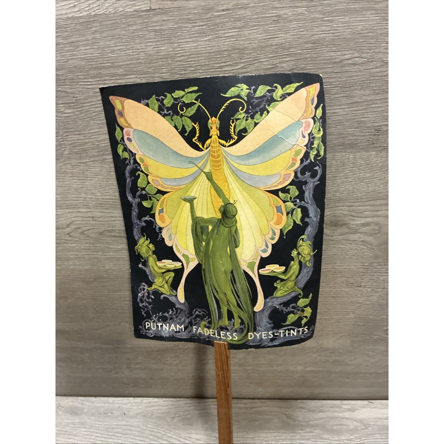 Rare Vintage Putnam Dyes Advertising Fan Art Nouveau Garden Fairies