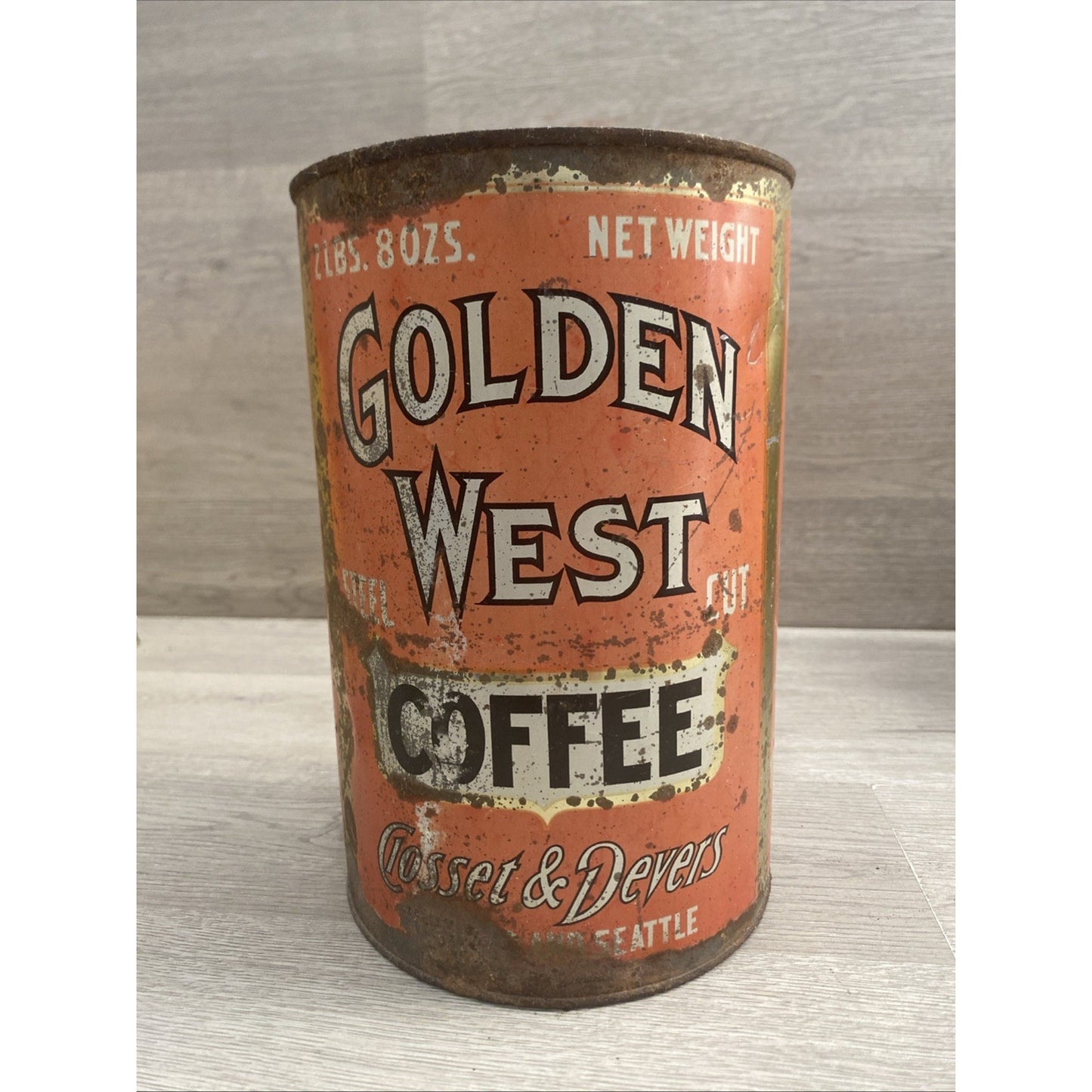 Rare ANTIQUE GOLDEN WEST COFFEE 2LB TIN LITHO CAN PORTLAND OR SEATTLE WA GROCERY