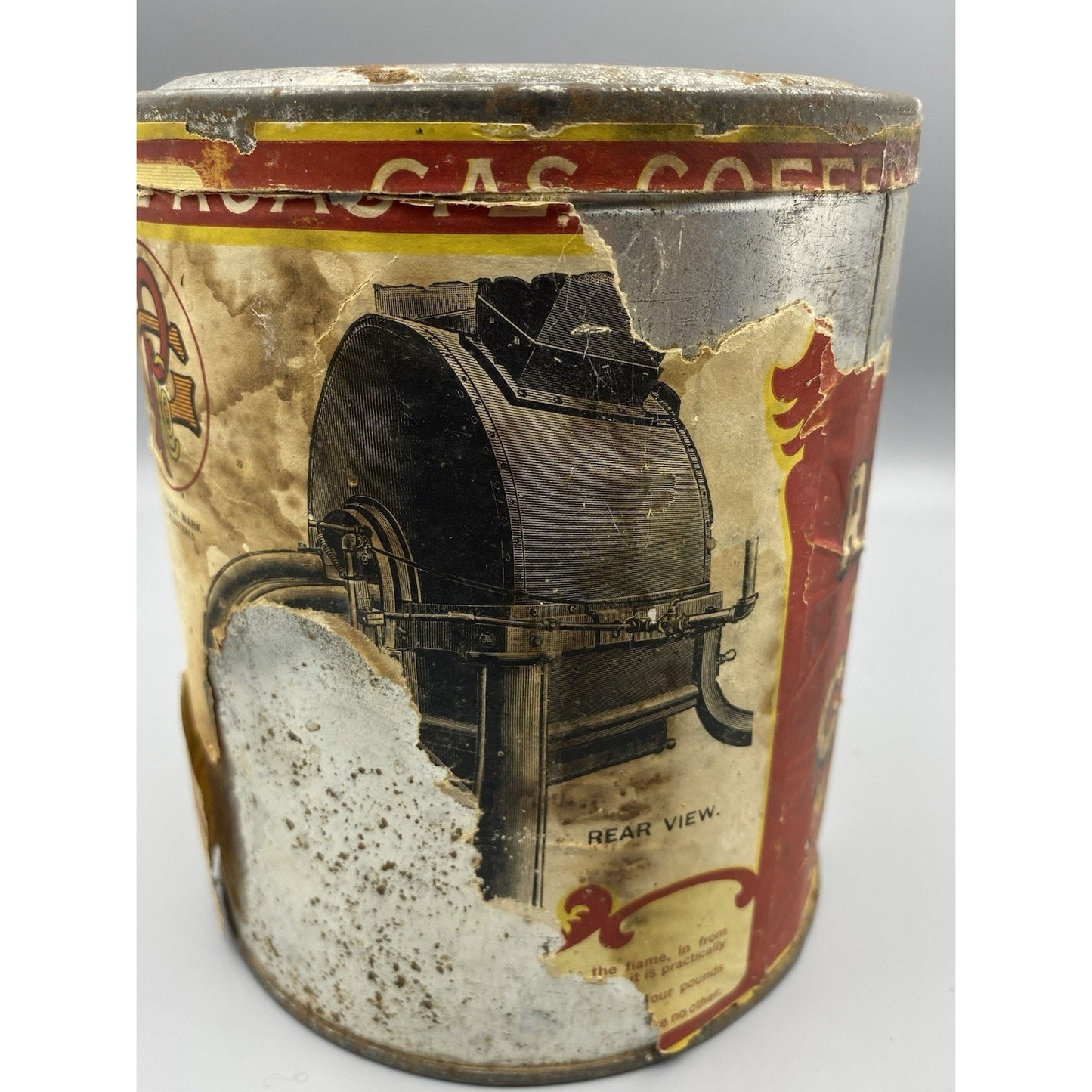 VINTAGE ROUND PAXTON GAS ROASTED COFFEE TIN OMAHA NE. PAPER LABEL GRAPHICS