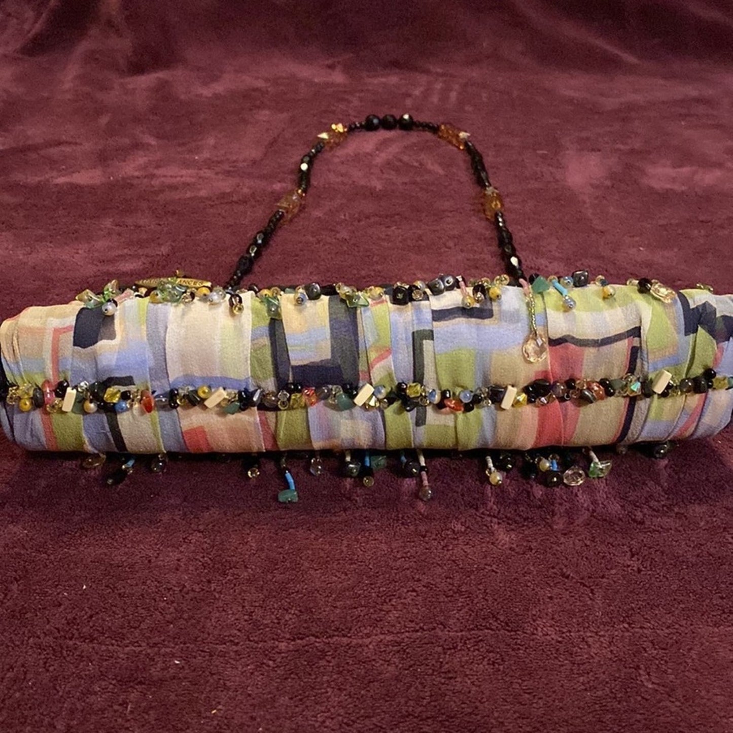Mary Frances Multicolored Beaded Hard Case Purse with Jet Beaded Shoulder Strap