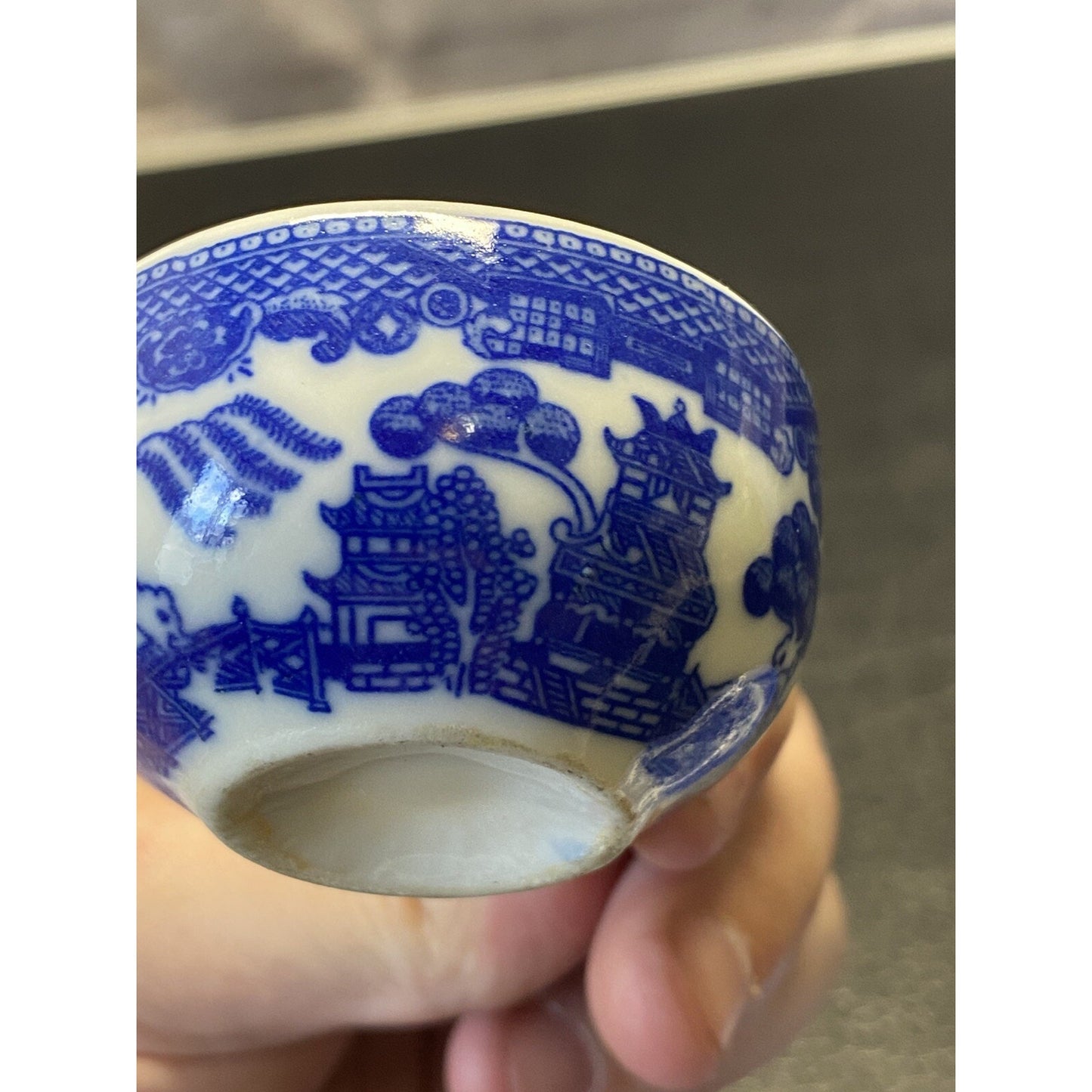 Vintage Blue Willow Flow Blue Miniature Teacup & Saucer Set