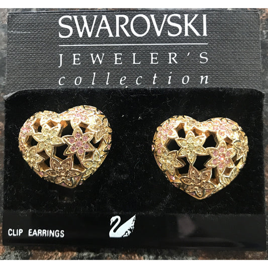 Swarovski Large Rhinestone Heart Shape Clip On Gold Earrings: Swan Mark -vmabug