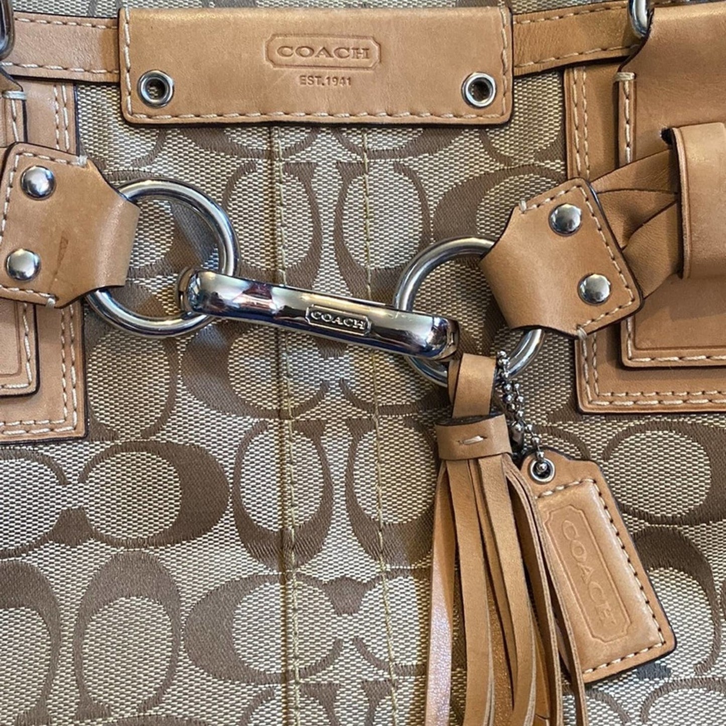 Coach Large Tan Hampton Signature Carryall Tote Purse with Braid Accents #F13068
