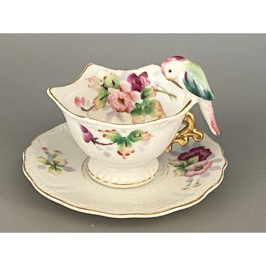 Japanese Marked Miniature Teacup & Saucer W/ Bird On Rim Floral