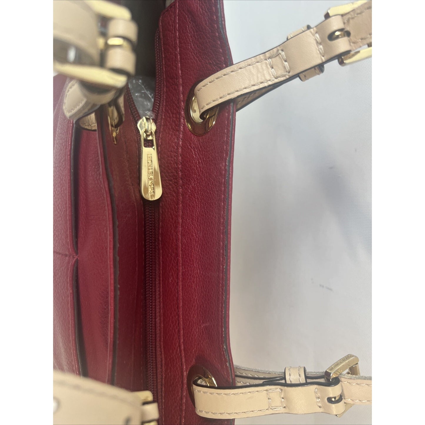 Michael Kors Bedford Red/Burg Pocket Tote Pebble Leather Purse Shopper Bag-15-11