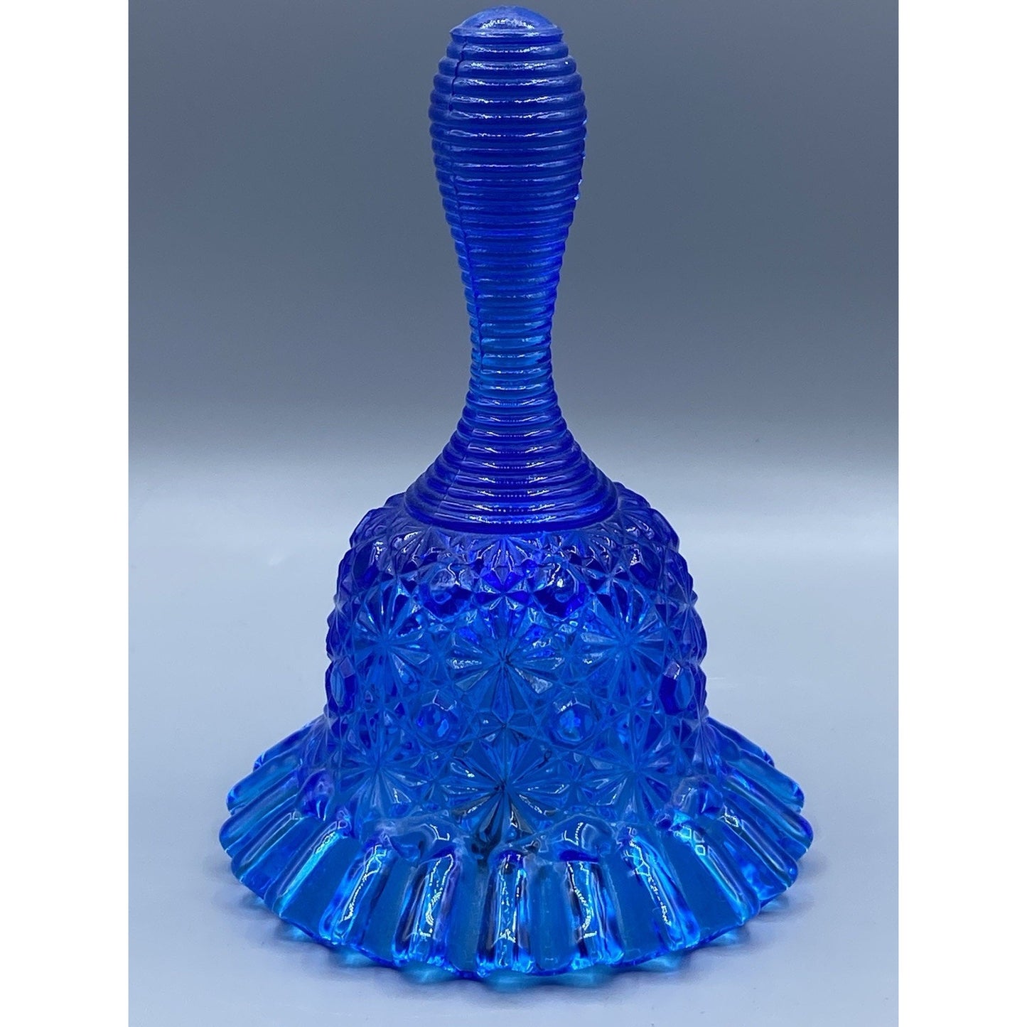 Fenton Glass Blue Daisy and Button Ruffle Edge & Ribbed Handle Vintage Bell