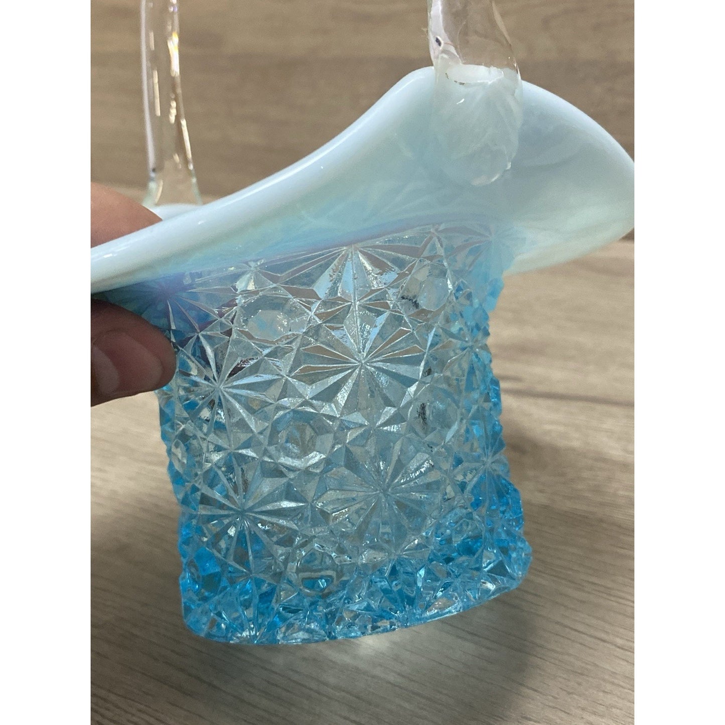 Fenton Aqua Blue Opalescent Daisy And Button Glass Handle Basket Blue Top Hat