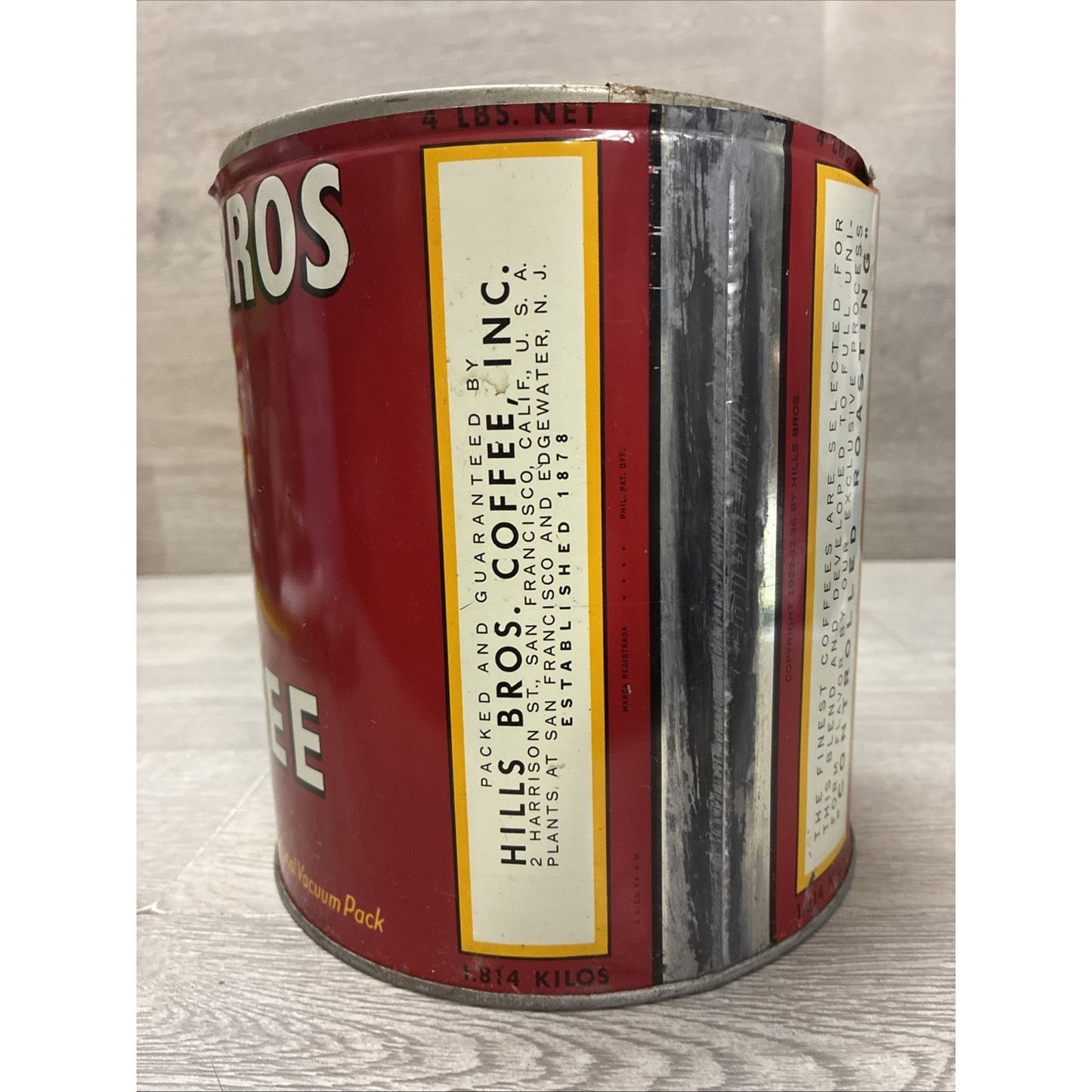 Hills Bros 4lb Coffee Tin Advertising Kitchen Farmhouse Decor