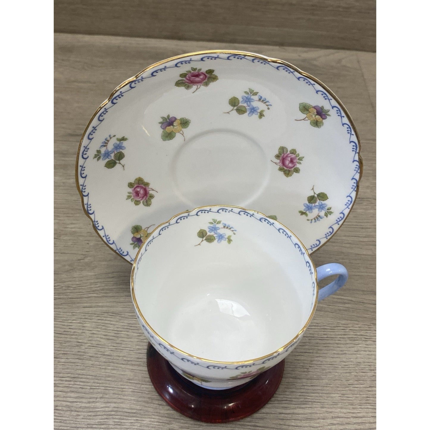 Shelley Fine Bone China Teacup Saucer Blue Forget-Me-Nots Roses Pansies England