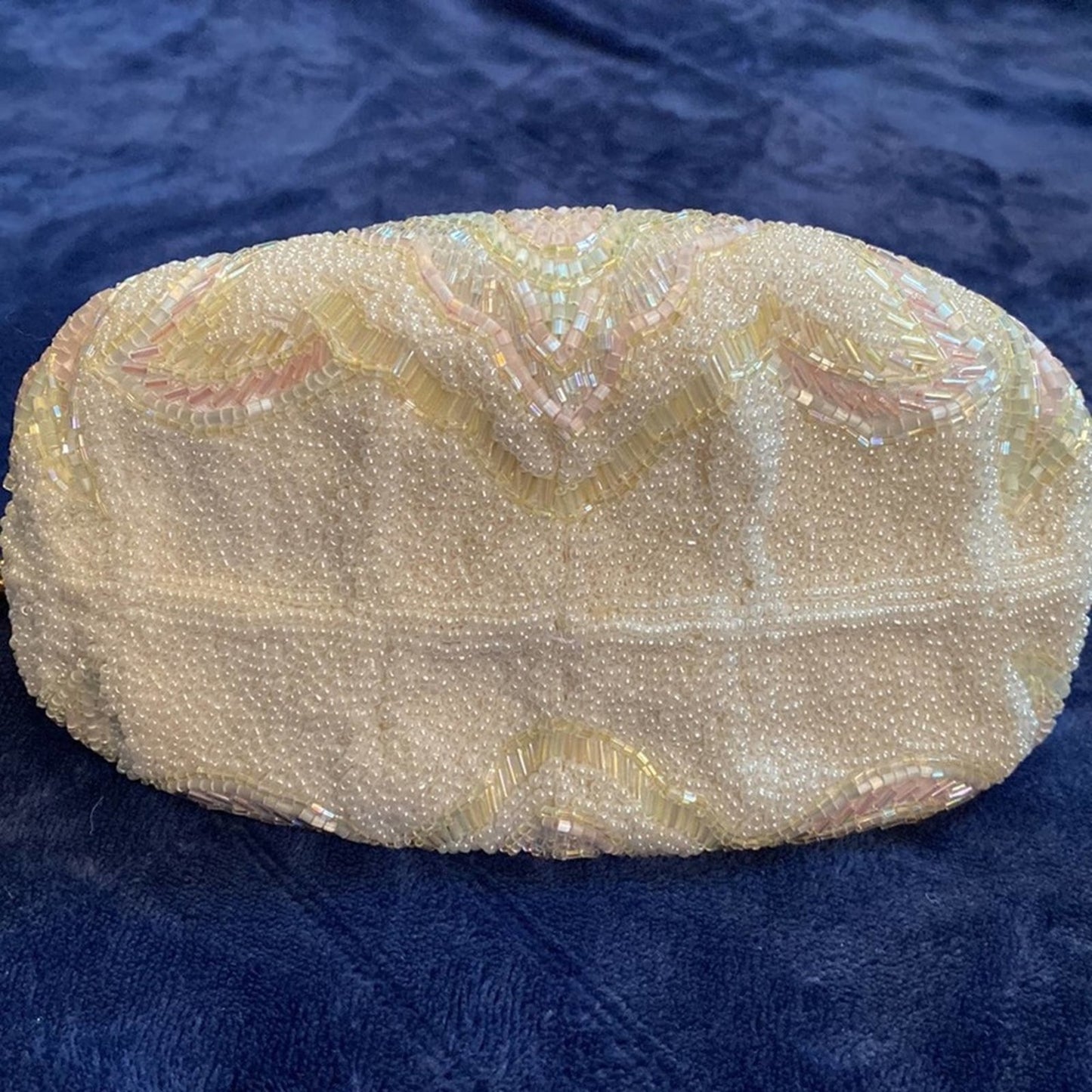 RARE! Vintage La Regale Fully Beaded White Iridescent Wedding Purse w/Gold Strap